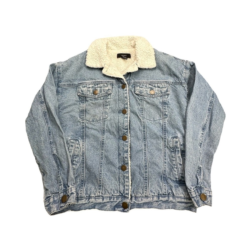 Forever 21 Denim Jacket Women S Blue Sherpa Lined Faux Fur Collar Trucker